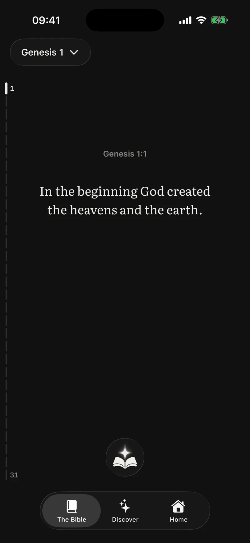 Holy Spark’s Bible screen showing Genesis 1:1: In the beginning God created the heavens and the earth.